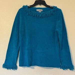 Designers Originals Studio Women’s M Teal Fringe Long Sleeve Scoop Neck Sweater